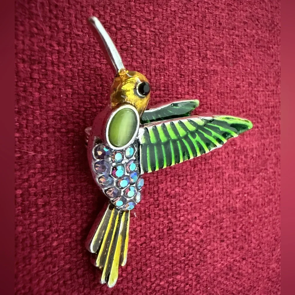 Decorative Green Hummingbird Bird Pendant - Enamel & Crystal Accent